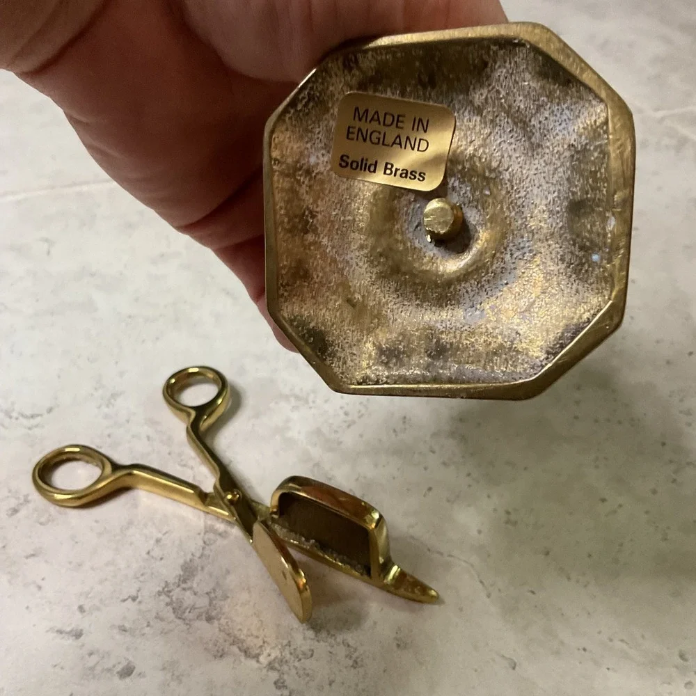 Vintage Solid Brass Candle Wick Snuffer Trimmer Scissor with Stand Made England